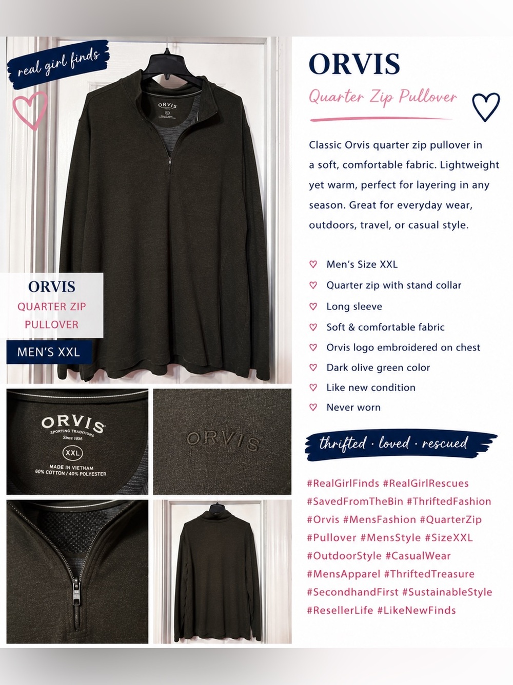 Orvis Men’s Dark Olive Green Quarter-Zip Pullover